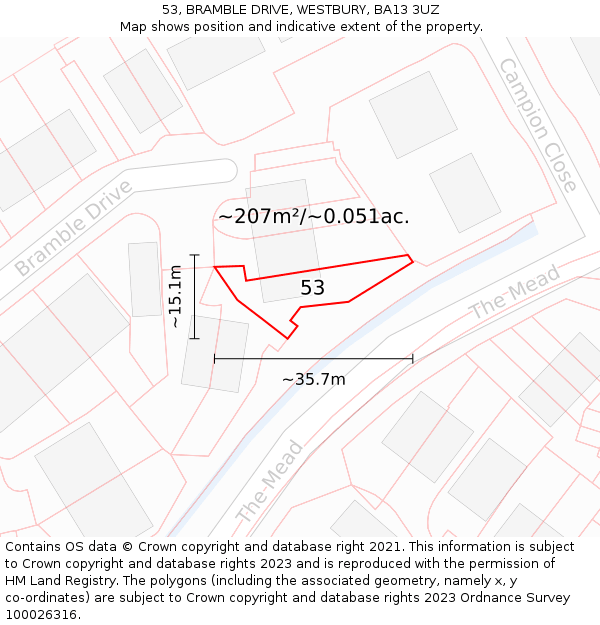 53, BRAMBLE DRIVE, WESTBURY, BA13 3UZ: Plot and title map