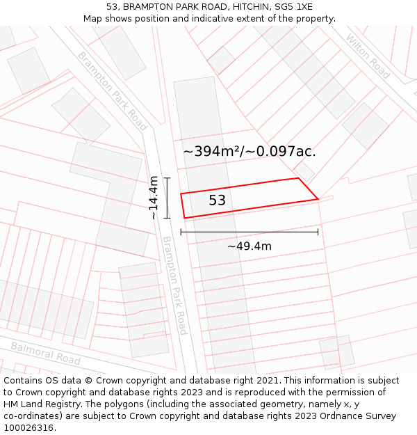 53, BRAMPTON PARK ROAD, HITCHIN, SG5 1XE: Plot and title map