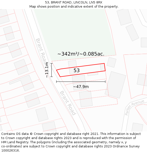 53, BRANT ROAD, LINCOLN, LN5 8RX: Plot and title map