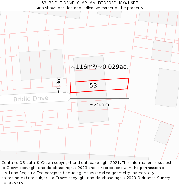 53, BRIDLE DRIVE, CLAPHAM, BEDFORD, MK41 6BB: Plot and title map