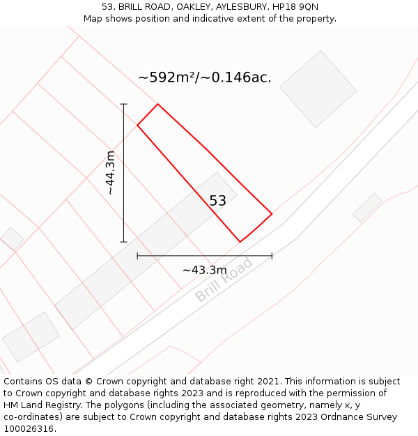 53, BRILL ROAD, OAKLEY, AYLESBURY, HP18 9QN: Plot and title map