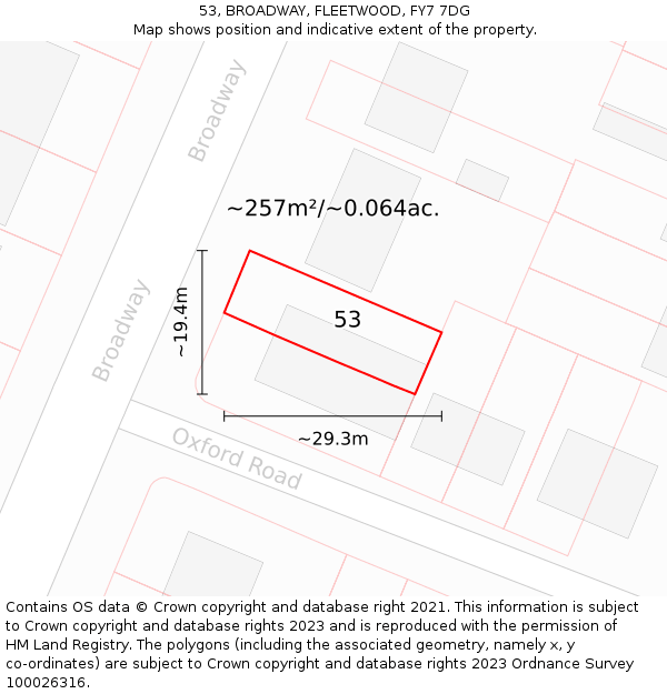 53, BROADWAY, FLEETWOOD, FY7 7DG: Plot and title map