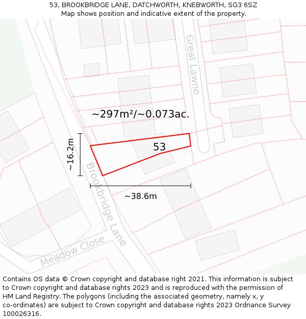 53, BROOKBRIDGE LANE, DATCHWORTH, KNEBWORTH, SG3 6SZ: Plot and title map