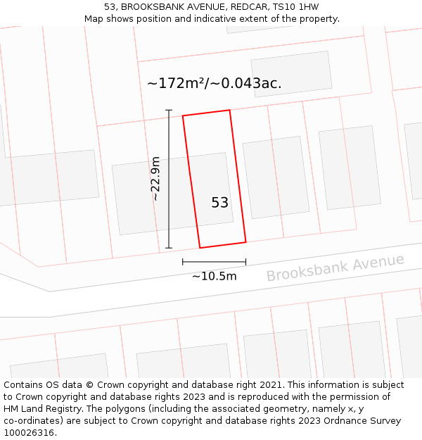 53, BROOKSBANK AVENUE, REDCAR, TS10 1HW: Plot and title map