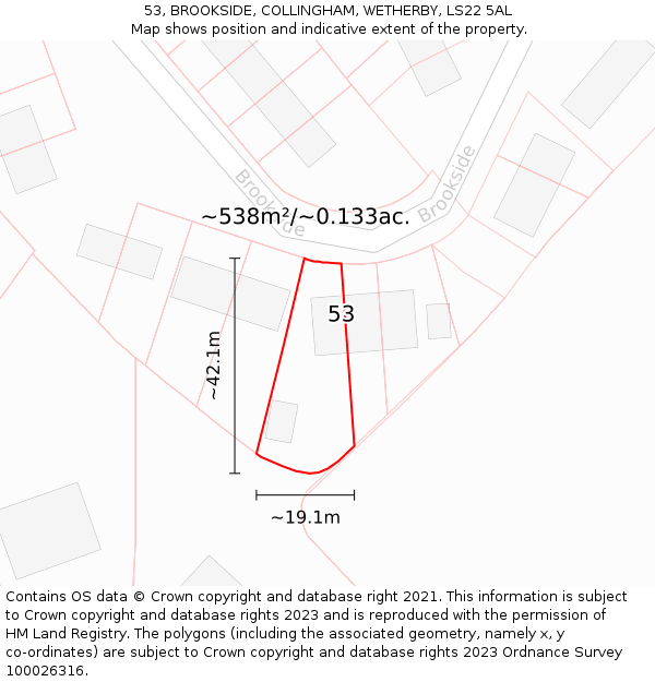 53, BROOKSIDE, COLLINGHAM, WETHERBY, LS22 5AL: Plot and title map