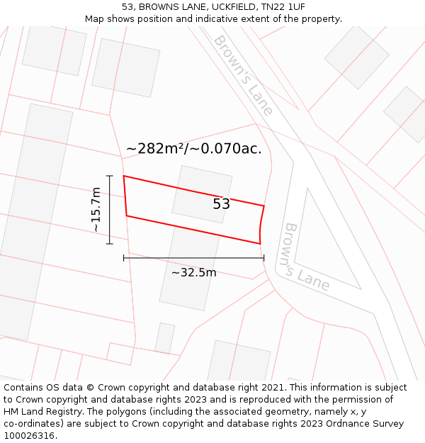 53, BROWNS LANE, UCKFIELD, TN22 1UF: Plot and title map