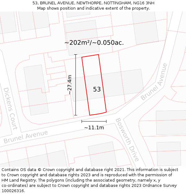 53, BRUNEL AVENUE, NEWTHORPE, NOTTINGHAM, NG16 3NH: Plot and title map