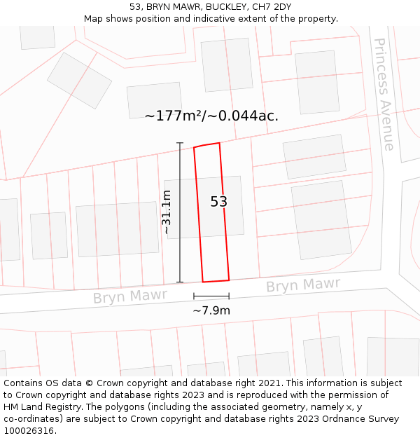 53, BRYN MAWR, BUCKLEY, CH7 2DY: Plot and title map