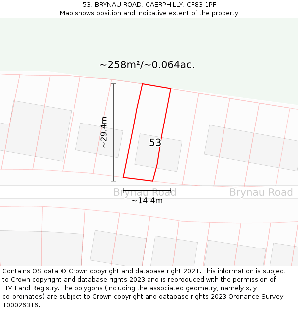 53, BRYNAU ROAD, CAERPHILLY, CF83 1PF: Plot and title map