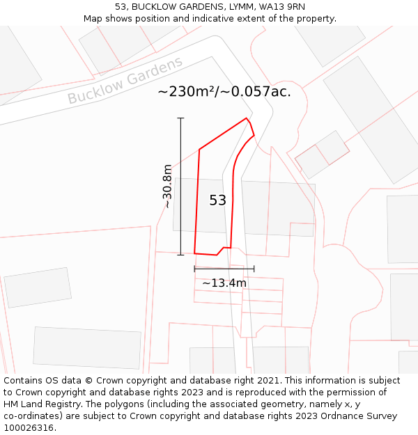 53, BUCKLOW GARDENS, LYMM, WA13 9RN: Plot and title map