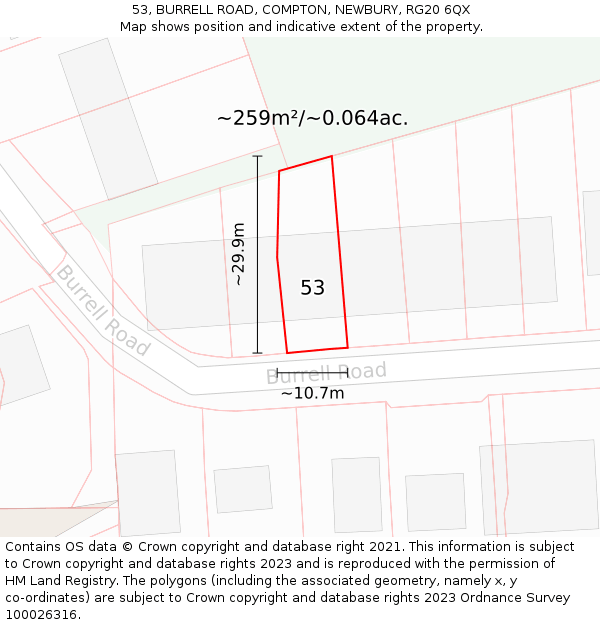 53, BURRELL ROAD, COMPTON, NEWBURY, RG20 6QX: Plot and title map