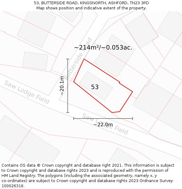 53, BUTTERSIDE ROAD, KINGSNORTH, ASHFORD, TN23 3PD: Plot and title map