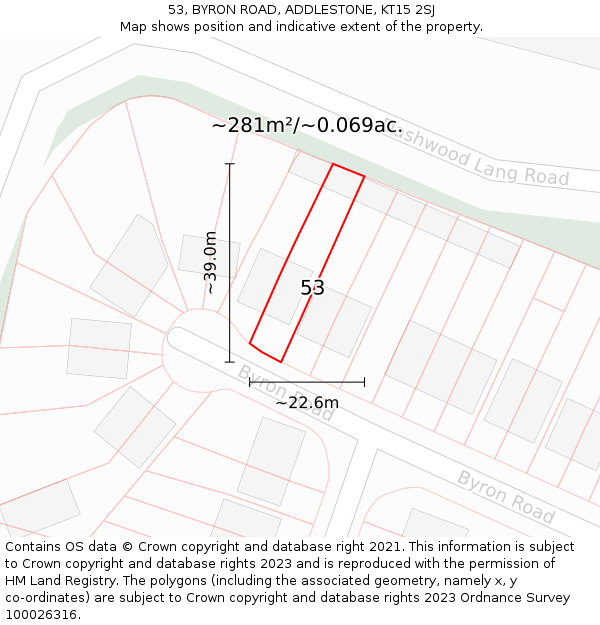 53, BYRON ROAD, ADDLESTONE, KT15 2SJ: Plot and title map
