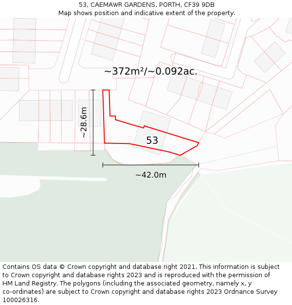 53, CAEMAWR GARDENS, PORTH, CF39 9DB: Plot and title map