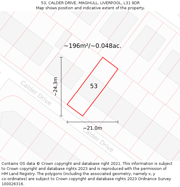 53, CALDER DRIVE, MAGHULL, LIVERPOOL, L31 9DR: Plot and title map