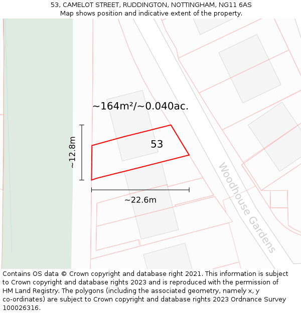 53, CAMELOT STREET, RUDDINGTON, NOTTINGHAM, NG11 6AS: Plot and title map