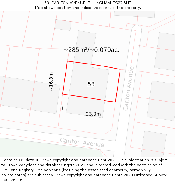 53, CARLTON AVENUE, BILLINGHAM, TS22 5HT: Plot and title map