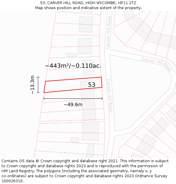 53, CARVER HILL ROAD, HIGH WYCOMBE, HP11 2TZ: Plot and title map