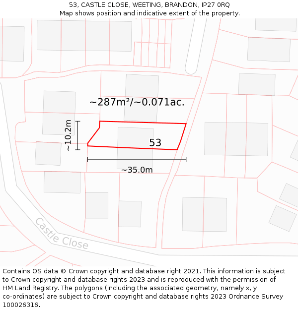 53, CASTLE CLOSE, WEETING, BRANDON, IP27 0RQ: Plot and title map