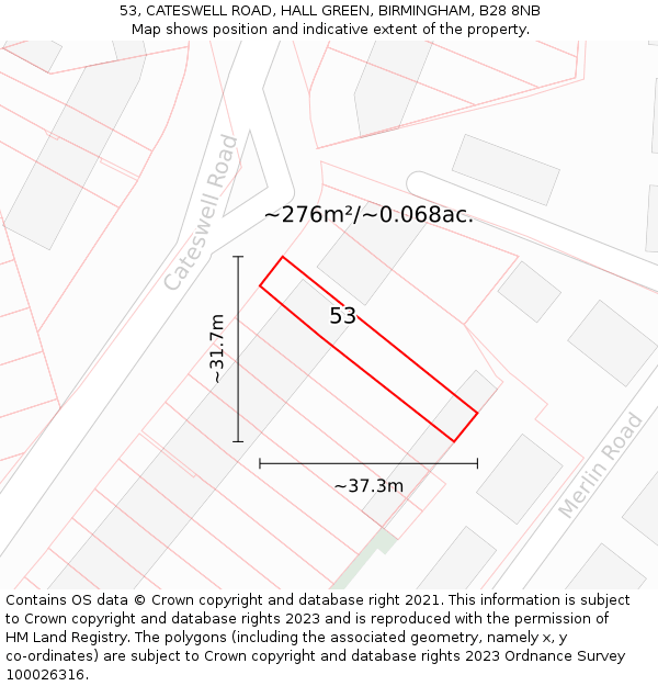 53, CATESWELL ROAD, HALL GREEN, BIRMINGHAM, B28 8NB: Plot and title map