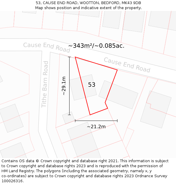 53, CAUSE END ROAD, WOOTTON, BEDFORD, MK43 9DB: Plot and title map