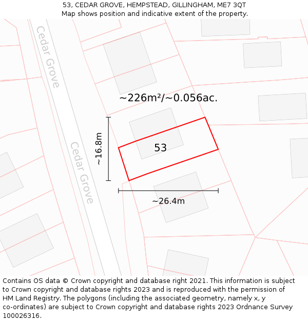 53, CEDAR GROVE, HEMPSTEAD, GILLINGHAM, ME7 3QT: Plot and title map