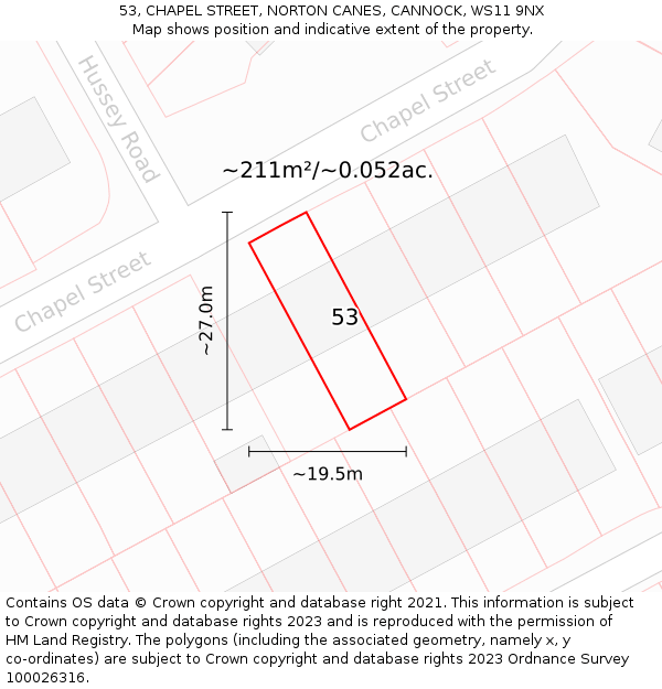 53, CHAPEL STREET, NORTON CANES, CANNOCK, WS11 9NX: Plot and title map