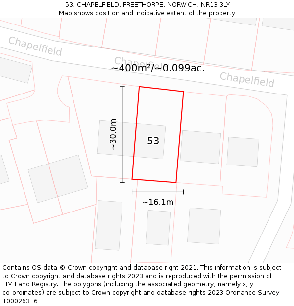53, CHAPELFIELD, FREETHORPE, NORWICH, NR13 3LY: Plot and title map