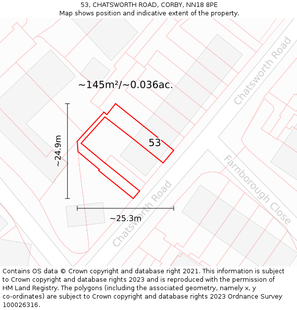 53, CHATSWORTH ROAD, CORBY, NN18 8PE: Plot and title map
