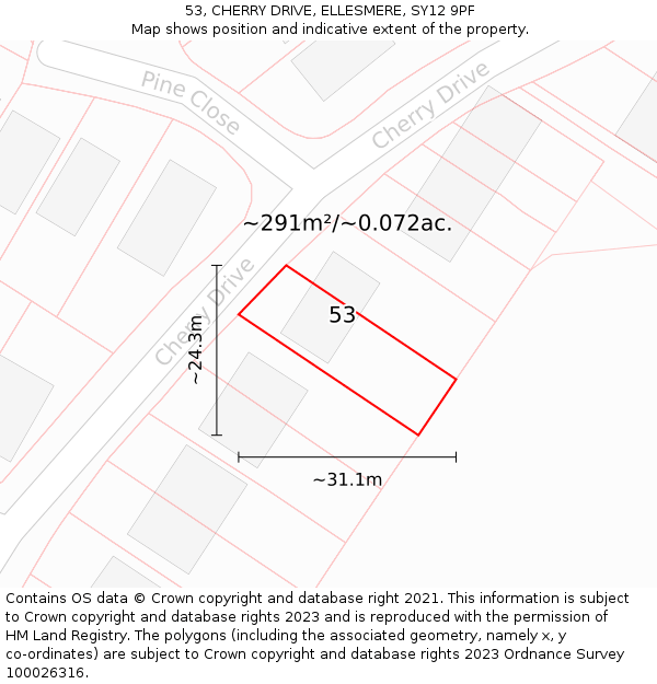 53, CHERRY DRIVE, ELLESMERE, SY12 9PF: Plot and title map