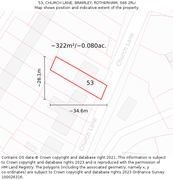 53, CHURCH LANE, BRAMLEY, ROTHERHAM, S66 2RU: Plot and title map