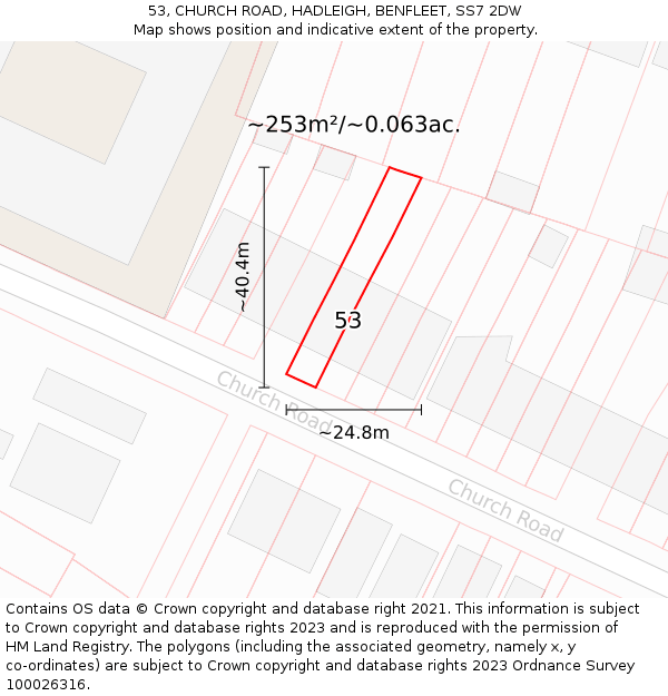 53, CHURCH ROAD, HADLEIGH, BENFLEET, SS7 2DW: Plot and title map