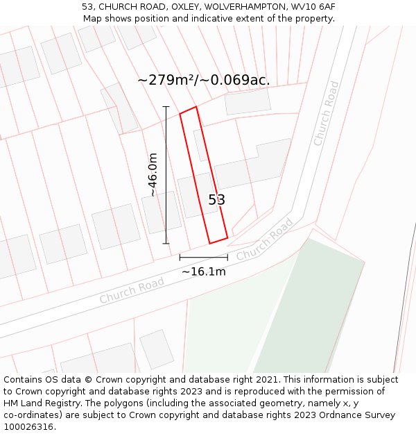 53, CHURCH ROAD, OXLEY, WOLVERHAMPTON, WV10 6AF: Plot and title map