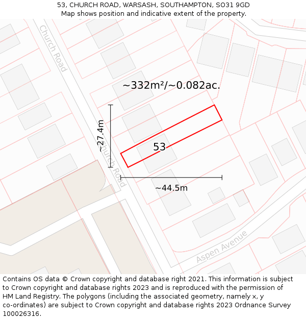 53, CHURCH ROAD, WARSASH, SOUTHAMPTON, SO31 9GD: Plot and title map