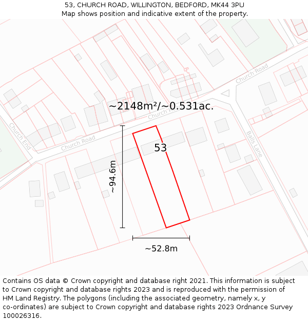 53, CHURCH ROAD, WILLINGTON, BEDFORD, MK44 3PU: Plot and title map