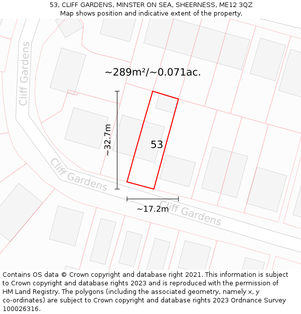 53, CLIFF GARDENS, MINSTER ON SEA, SHEERNESS, ME12 3QZ: Plot and title map