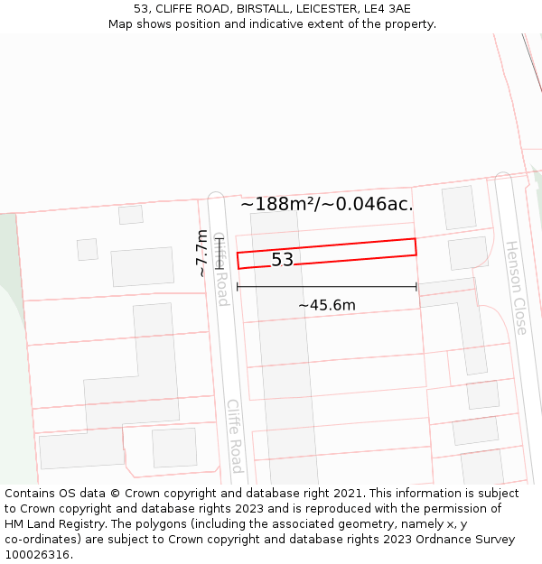 53, CLIFFE ROAD, BIRSTALL, LEICESTER, LE4 3AE: Plot and title map