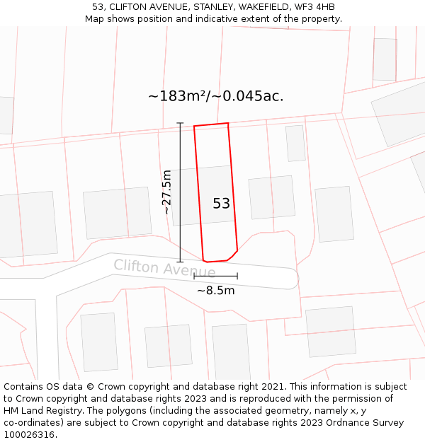 53, CLIFTON AVENUE, STANLEY, WAKEFIELD, WF3 4HB: Plot and title map