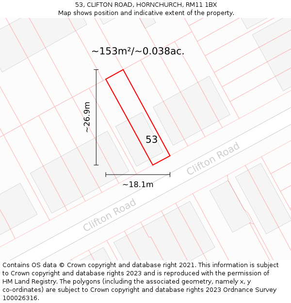 53, CLIFTON ROAD, HORNCHURCH, RM11 1BX: Plot and title map