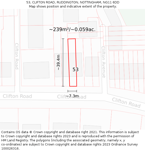 53, CLIFTON ROAD, RUDDINGTON, NOTTINGHAM, NG11 6DD: Plot and title map