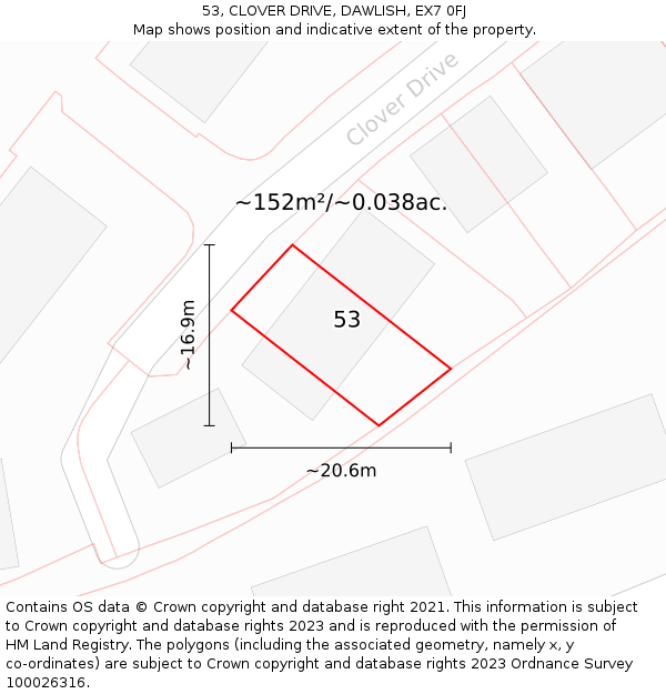 53, CLOVER DRIVE, DAWLISH, EX7 0FJ: Plot and title map