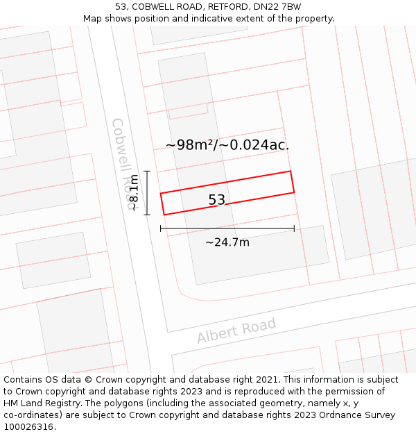 53, COBWELL ROAD, RETFORD, DN22 7BW: Plot and title map