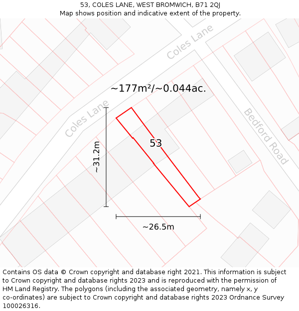 53, COLES LANE, WEST BROMWICH, B71 2QJ: Plot and title map