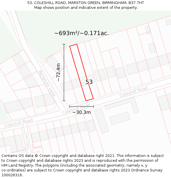 53, COLESHILL ROAD, MARSTON GREEN, BIRMINGHAM, B37 7HT: Plot and title map