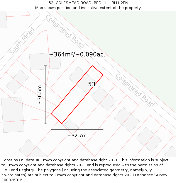 53, COLESMEAD ROAD, REDHILL, RH1 2EN: Plot and title map