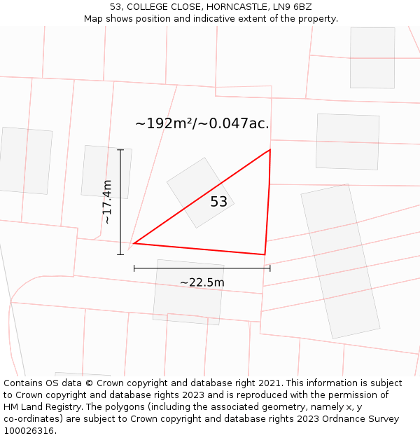 53, COLLEGE CLOSE, HORNCASTLE, LN9 6BZ: Plot and title map