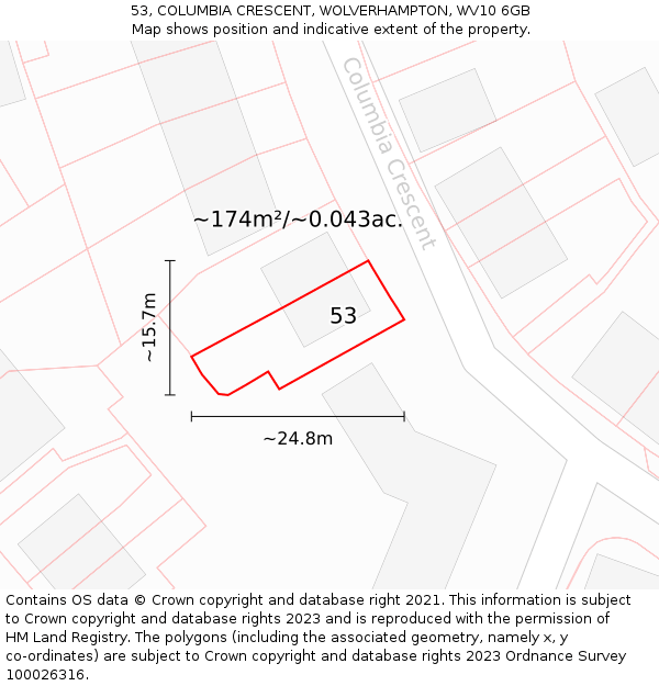 53, COLUMBIA CRESCENT, WOLVERHAMPTON, WV10 6GB: Plot and title map