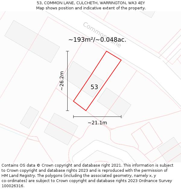 53, COMMON LANE, CULCHETH, WARRINGTON, WA3 4EY: Plot and title map