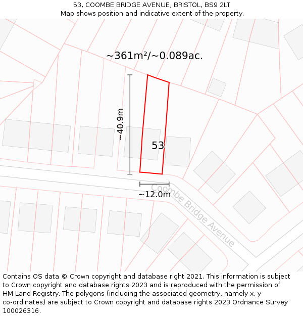 53, COOMBE BRIDGE AVENUE, BRISTOL, BS9 2LT: Plot and title map