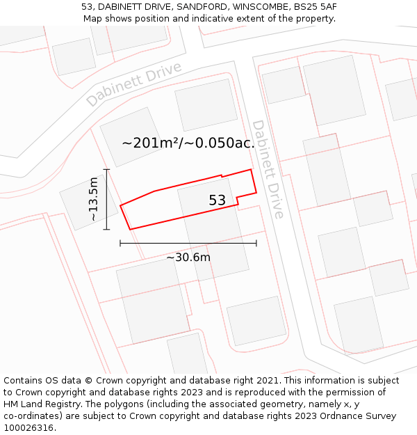 53, DABINETT DRIVE, SANDFORD, WINSCOMBE, BS25 5AF: Plot and title map